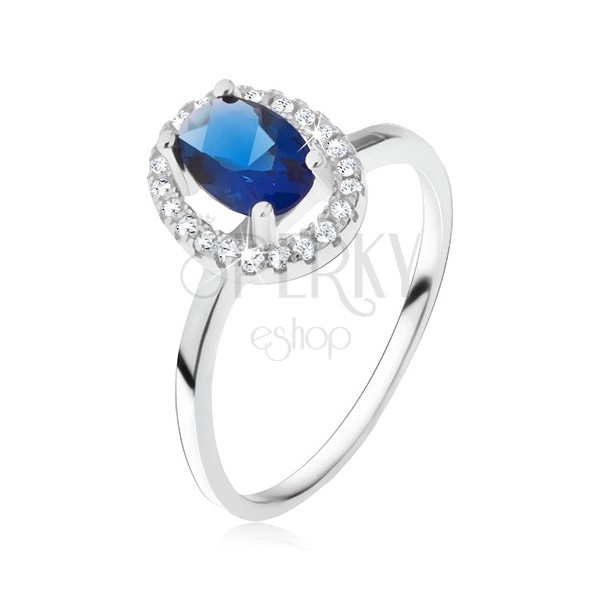 Gyűrű 925 ezüstből, ovális kék kő cirkóniás kerettel