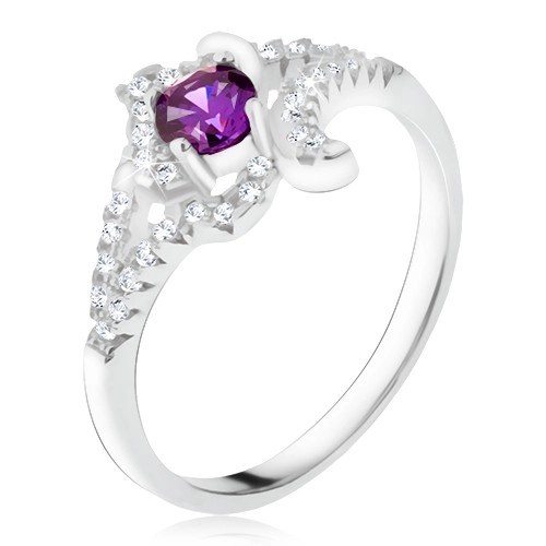 925 ezüst gyűrű, lila kő, tekert cirkóniás szárak - Nagyság: 55
