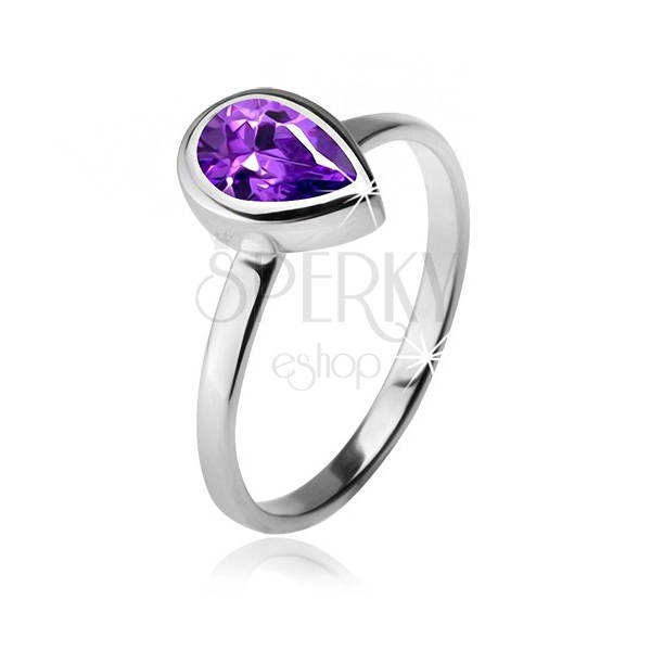 Gyűrű lila, könnycsepp alakú kővel foglalatban, 925 ezüst