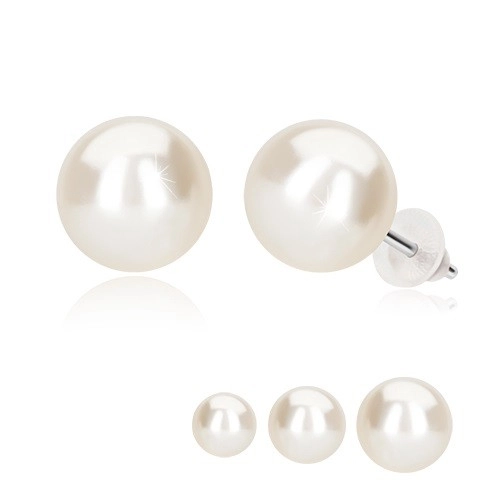 925 ezüst fülbevaló, fehér szintetikus gyöngy,stekkerzár - Fej: 9 mm