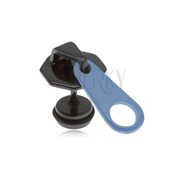 Fake plug fülbe, acélból, fekete-kék zippzár, PVD kezelés
