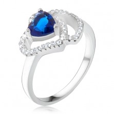 Gyűrű 925 ezüstből, kék szív alakú kő, cirkóniás szívkörvonal