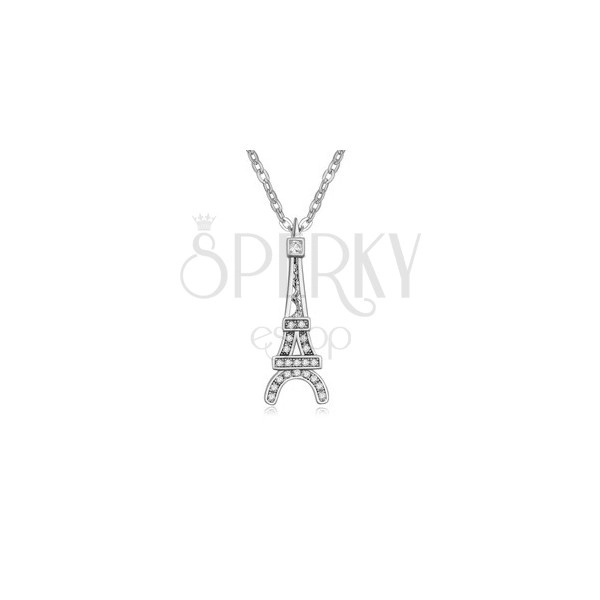 Fényes nyaklánc Eiffel tornyot ábrázoló medállal, átlátszó kövek