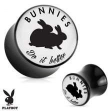 Fekete nyerges plug fülbe akrilból " Bunnies do it better"