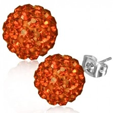 Fülbevaló acélból - narancs színű Shamballa golyó, csiszolt, kövek