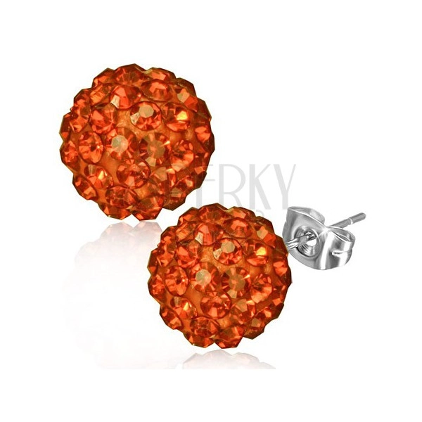 Fülbevaló acélból - narancs színű Shamballa golyó, csiszolt, kövek