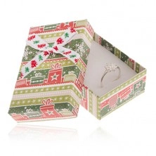 Ajándékdoboz fülbevalóra vagy gyűrűre, zöld-piros karácsonyi motívum, dísz masni