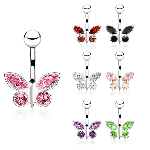 Acél piercing köldökbe, cirkóniás pillangó - különböző színekben - A cirkónia színe: Átlátszó - C