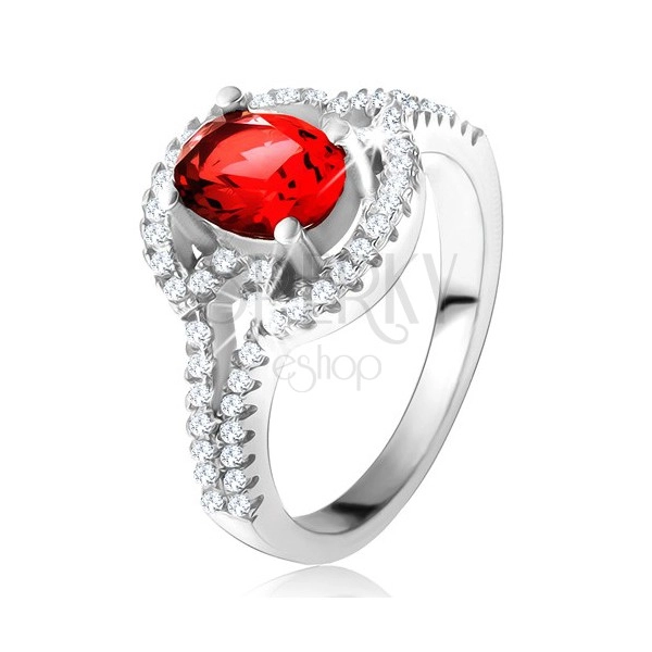 Gyűrű piros, ovális cirkóniával, kettős, lekerekített szárak, 925 ezüst