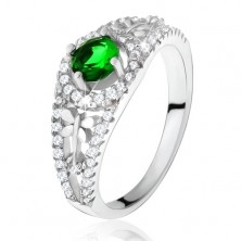 Átlátszó cirkóniás gyűrű, zöld kővel, szitakötők, 925 ezüst