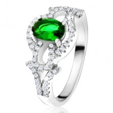 Gyűrű ovális zöld kővel, átltászó kör, könnycsepp, 925 ezüstből