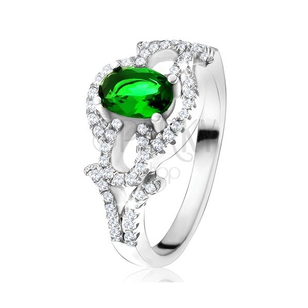 Gyűrű ovális zöld kővel, átltászó kör, könnycsepp, 925 ezüstből