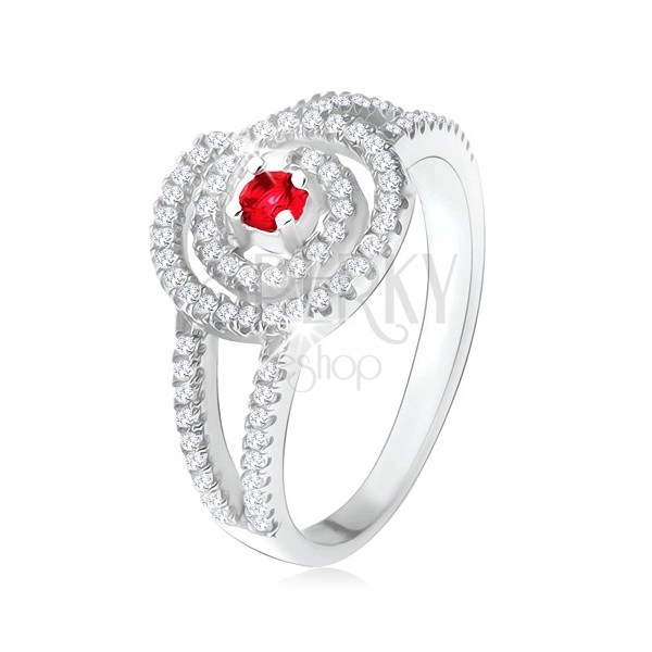 925 ezüst gyűrű, átlátszó cirkóniás spirál, rubin kő