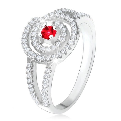 925 ezüst gyűrű, átlátszó cirkóniás spirál, rubin kő - Nagyság: 59