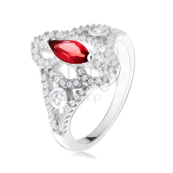 925 ezüst gyűrű, magszem alakú piros kő, kivágott cirkóniás szárak