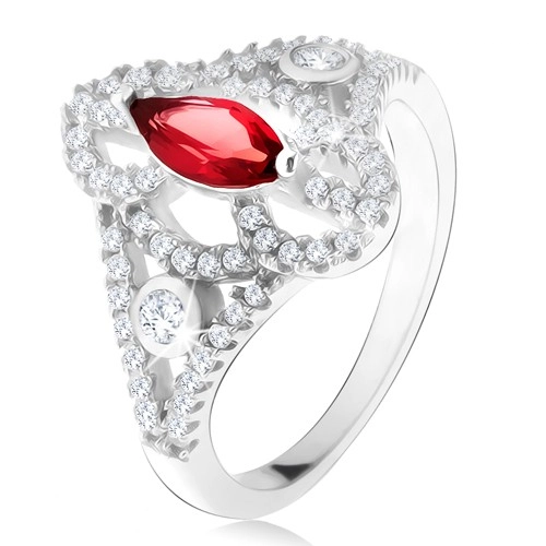 925 ezüst gyűrű, magszem alakú piros kő, kivágott cirkóniás szárak - Nagyság: 49
