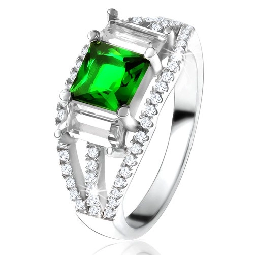 Gyűrű 925 ezüstből, négyzetes, zöld cirkónia, átlátszó téglalap alakú kövek - Nagyság: 55