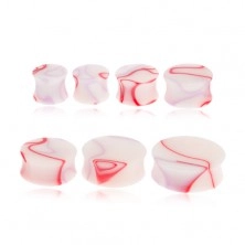Akryl nyerges plug fülbe - fehér, piros-lila márványos motívummal