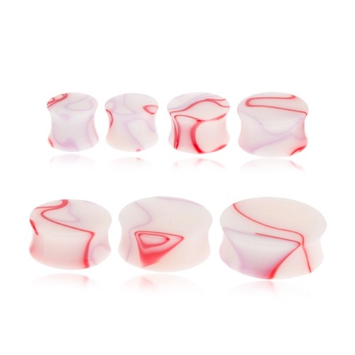 Akryl nyerges plug fülbe - fehér, piros-lila márványos motívummal - Vastagság: 16  mm