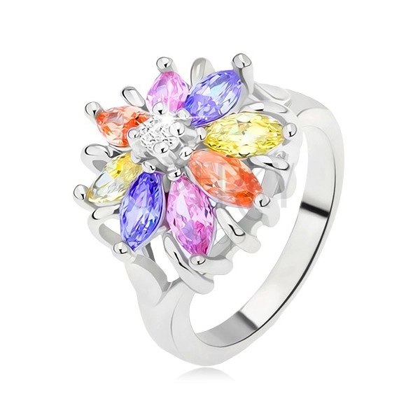 Fényes gyűrű ezüst színben, színes virág csiszolt kövekből