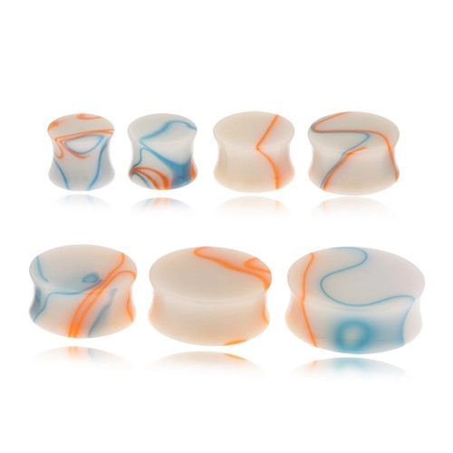Akril plug fülbe, bézs szín, kék-narancs vonalak - Vastagság: 25 mm, Szín: Kék - narancs