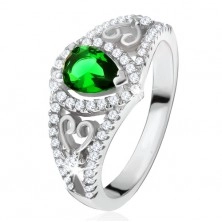 Gyűrű 925 ezüstből, zöld színű könnycsepp kő, átlátszó cirkóniák, szívkörvonal