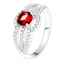 Gyűrű 925 ezüstből, piros kő, kerek cirkóniás vonal