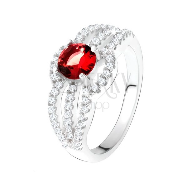 Gyűrű 925 ezüstből, piros kő, kerek cirkóniás vonal