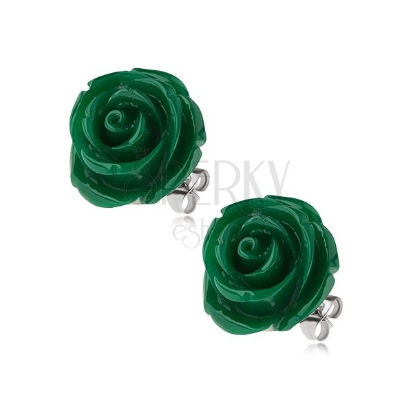Bedugós acél fülbevaló, sötétzöld rózsa gyantakőből, 20 mm