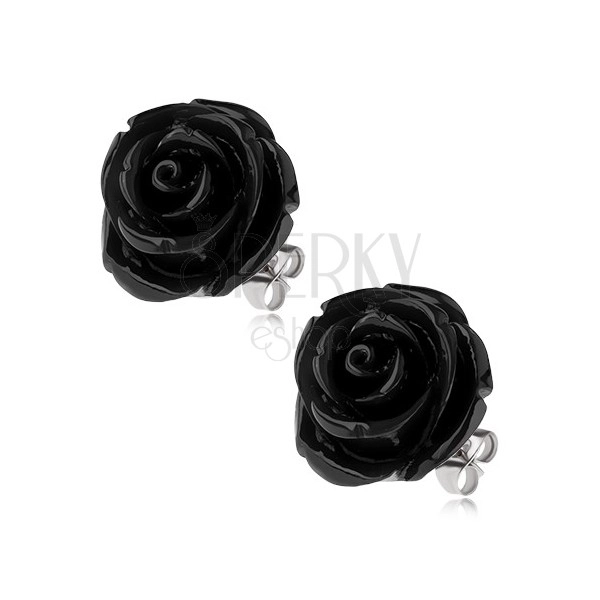Acél fülbevaló, fekete rózsa gyantakőből, bedugós, 20 mm