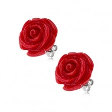 Acél bedugós fülbevaló, fényes piros gyanta rózsa, 14 mm