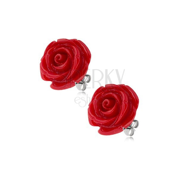 Acél bedugós fülbevaló, fényes piros gyanta rózsa, 14 mm