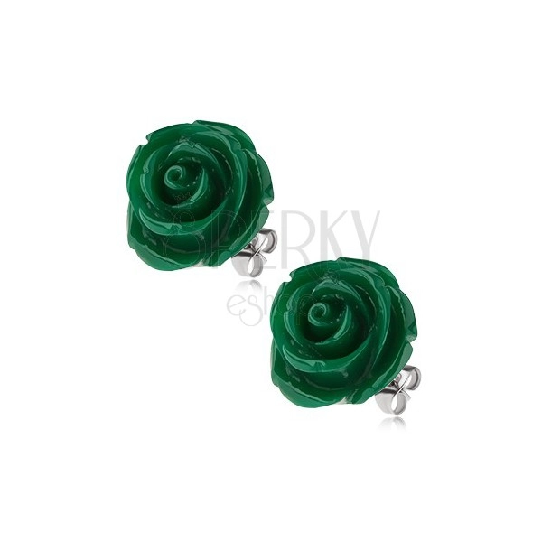 Fülbevaló acélból, zöld színben, rózsa, stekkeres kapocs, 14 mm
