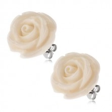 Acél fülbevaló, fehér rózsa, stekkeres kapocs, 20 mm