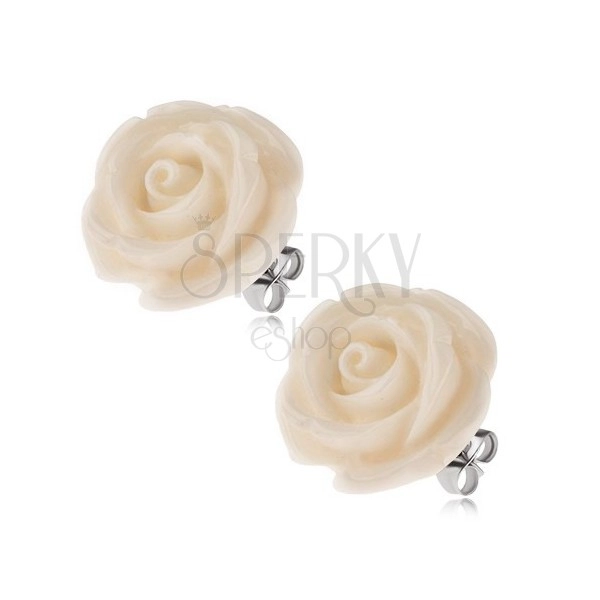 Acél fülbevaló, fehér rózsa, stekkeres kapocs, 20 mm