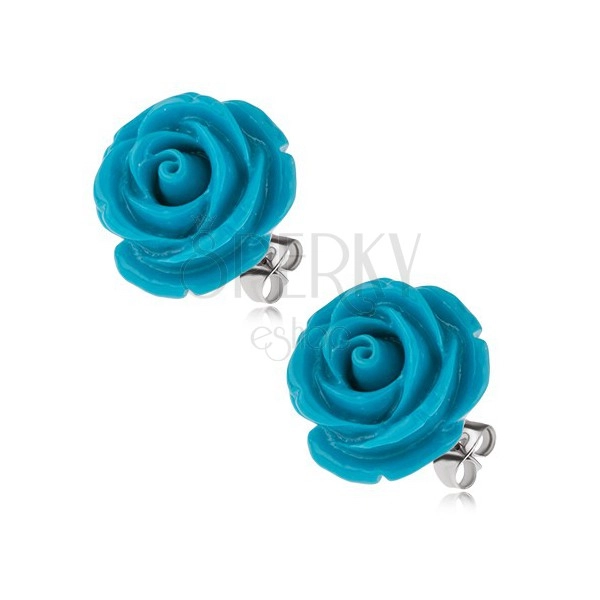 Fülbevaló sebészeti acélból, kék gyantaköves rózsa, 20 mm