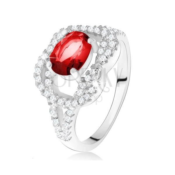 925 ezüst gyűrű, ovális rubinvörös kő, cirkóniás csomó