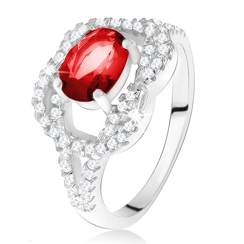 925 ezüst gyűrű, ovális rubinvörös kő, cirkóniás csomó - Nagyság: 59