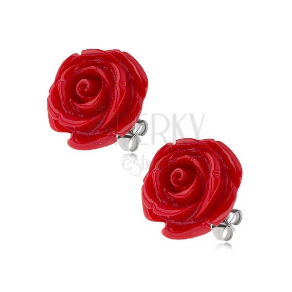 Fülbevaló sebészeti acélból, piros gyanta rózsa, 20 mm