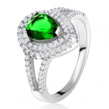 Gyűrű zöld könnycsepp alakú kővel, kettős tiszta keret, 925 ezüst