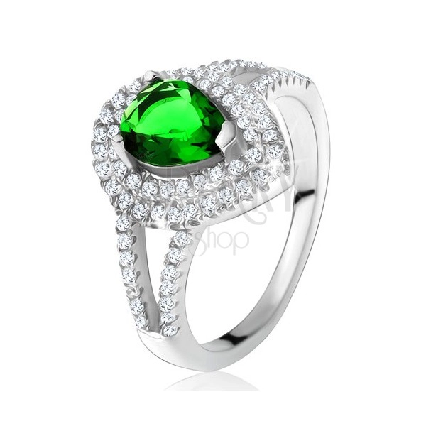 Gyűrű zöld könnycsepp alakú kővel, kettős tiszta keret, 925 ezüst