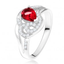 Gyűrű 925 ezüstből, rubinvörös könnycsepp kő, hullámos cirkóniás vonal