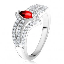Gyűrű 925 ezüstből, piros szemecske kő, három cirkóniás vonal