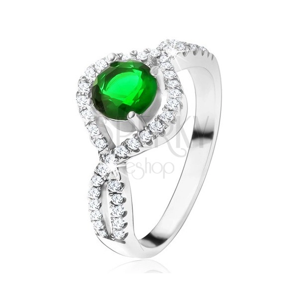 925 ezüst gyűrű, kerek zöld kő, csavart cirkóniás szárak