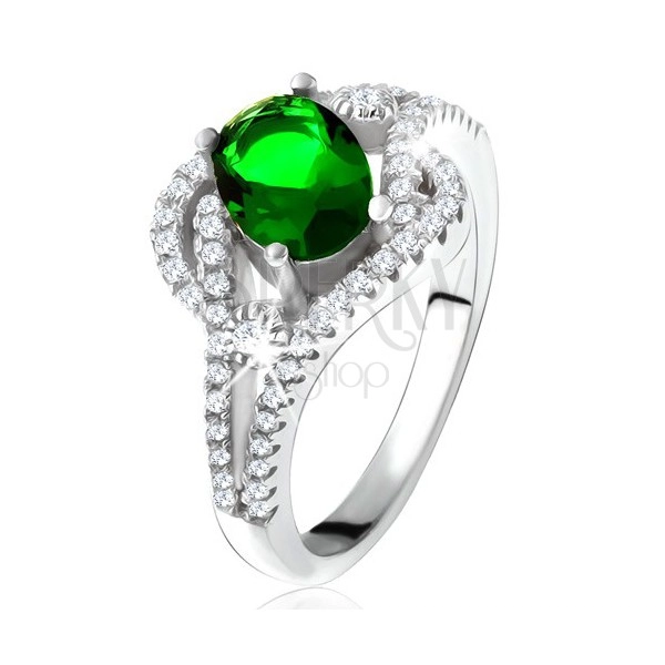 Gyűrű - 925 ezüst, lekerekített vonal, átlátszó kövek, ovális zöld cirkónia
