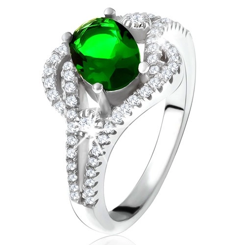 Gyűrű - 925 ezüst, lekerekített vonal, átlátszó kövek, ovális zöld cirkónia - Nagyság: 52