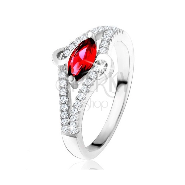 Gyűrű 925 ezüstből, ovális rubinvörös kő, tiszta kövecskék, S forma