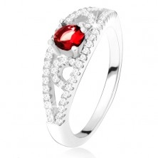 Gyűrű 925 ezüstből, kerek piros cirkónia, vonalak tiszta kövekkel