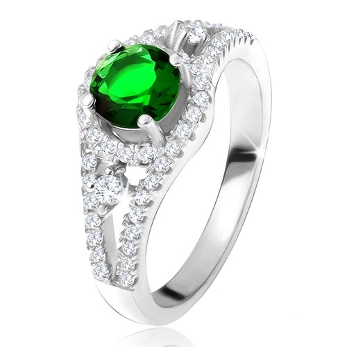 Gyűrű - 925 ezüst, kerek zöld cirkónia, lekerekített vonalak, átlátszó kövek - Nagyság: 49