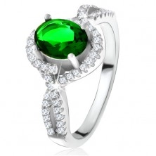 Gyűrű - 925 ezüst, lekerekített vonal, átlátszó cirkóniák, ovális zöld kő